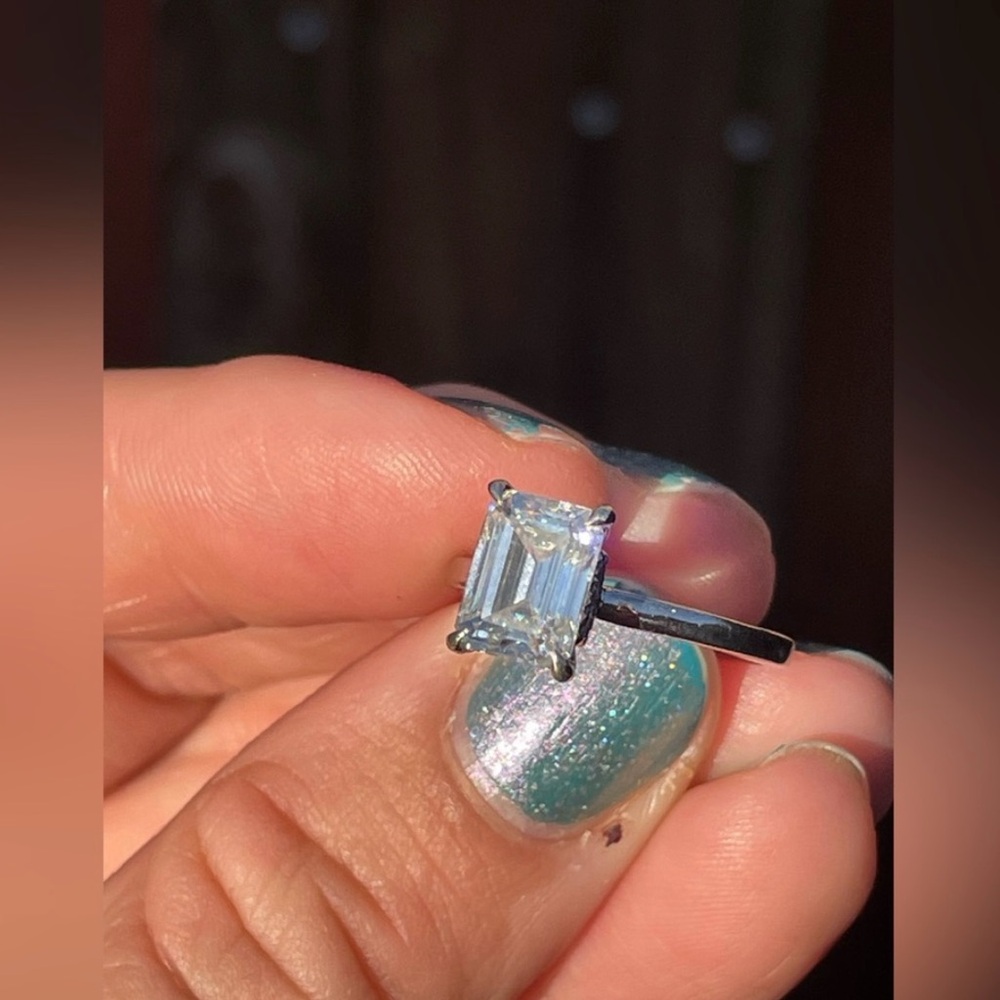 Two Carat Emerald Cut Moissanite Diamond Ring